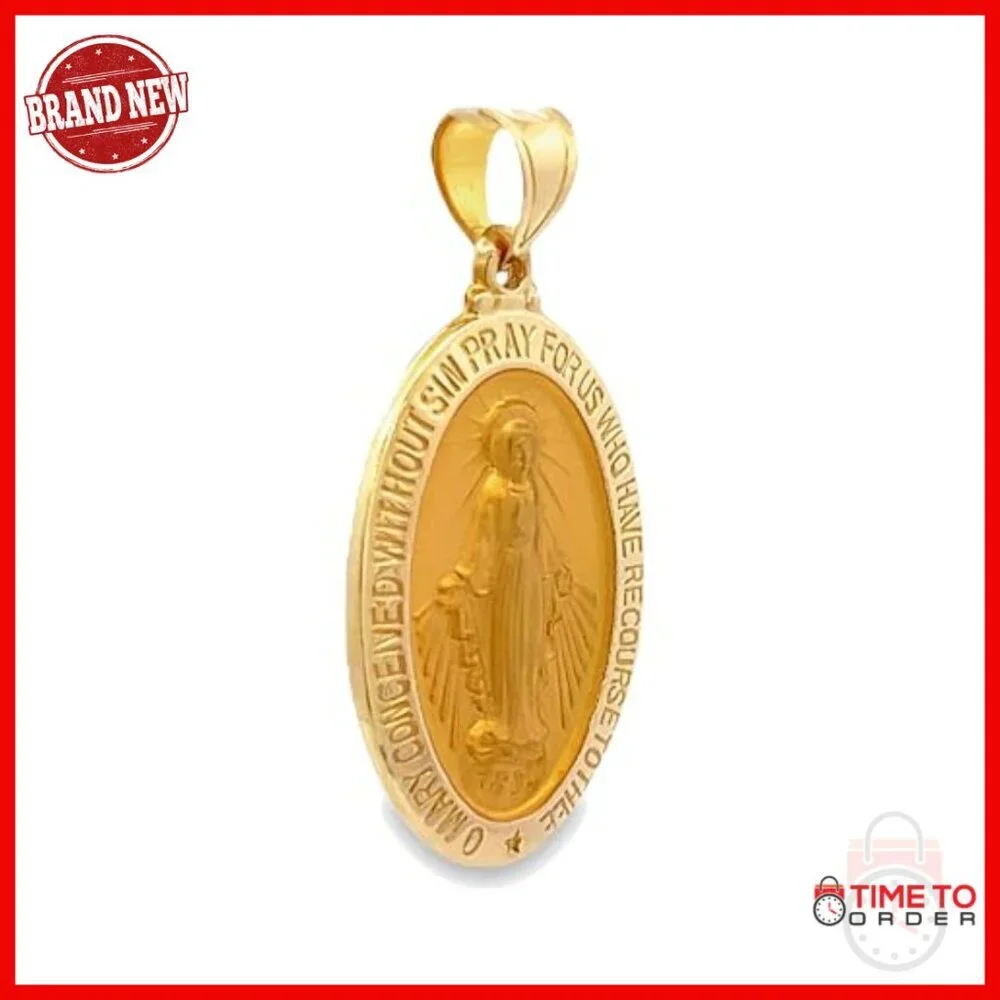 Solid 14K Gold Virgin Mary Pendant, Oval Medal for Women Men